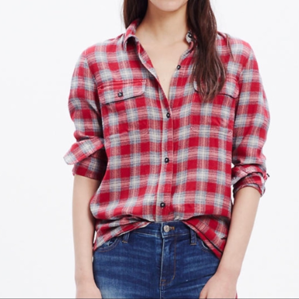 Madewell Red Ex-Boyfriend Fairfax Plaid Flannel Small - Picture 1 of 8